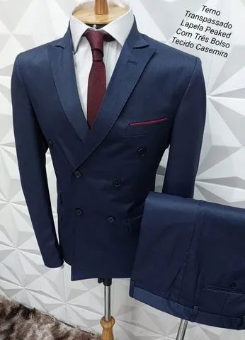 Terno slim italiano traspassado poliviscose 3 bolso lapela Spaker 
