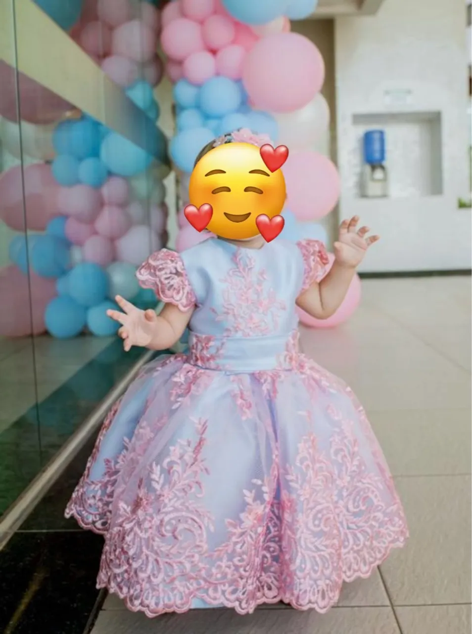 Vestido de Festa Infantil Azul Claro com Renda Rosa