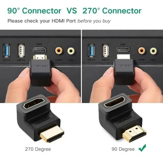 Adaptador Ugreen HDMI para HDMI F 90° abaixo HD112 - Preto - Foto 2