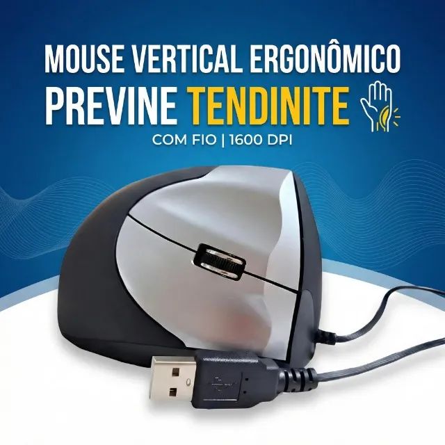 Mouse Vertical Ergonômico Com Fio 1600 DPI Previne Tendinite