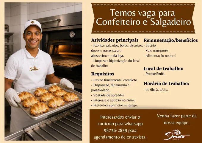 Vaga para Confeiteiro e Salgadeiro