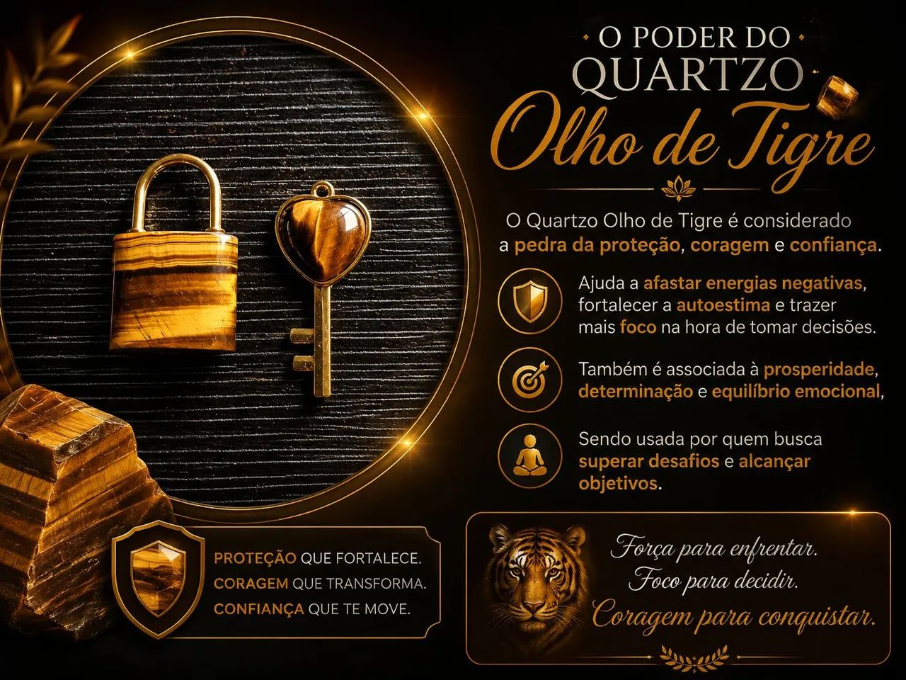 Pingente Cadeado e Chave com Olho de Tigre Natural | Amuleto de Proteção e Força - Foto 3