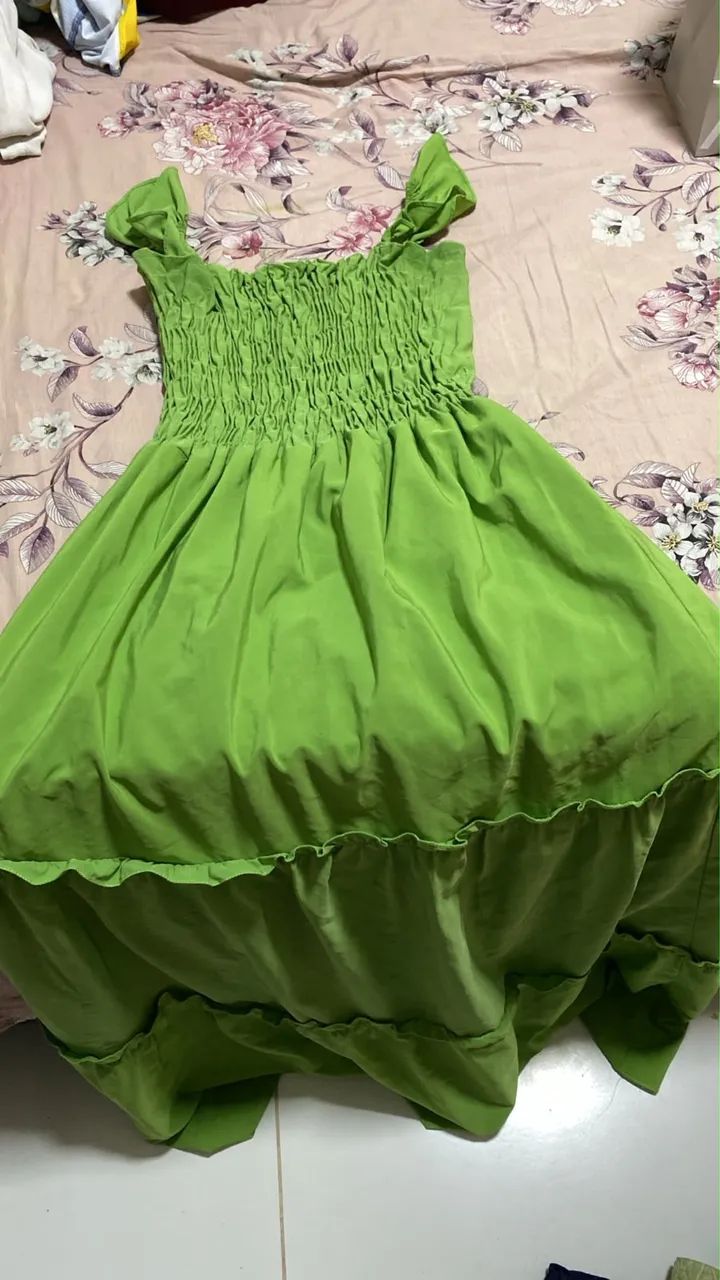 Vestido Verde Lastex no Busto com Babados - Estilo Camponesa / BOHO
