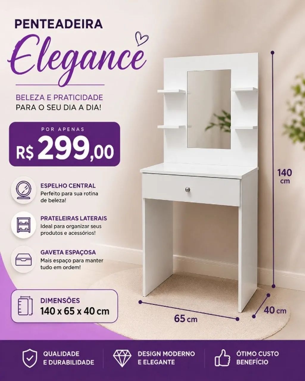 MESA PENTEADEIRA  COM ESPELHO MDF NOVO 