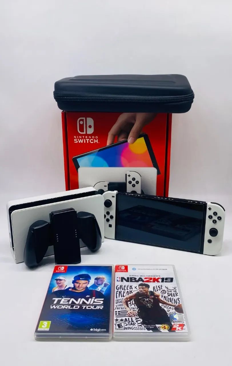 Nintendo Switch Oled Branco Usado Com Case + Tennis e NBA 2K19 Usado