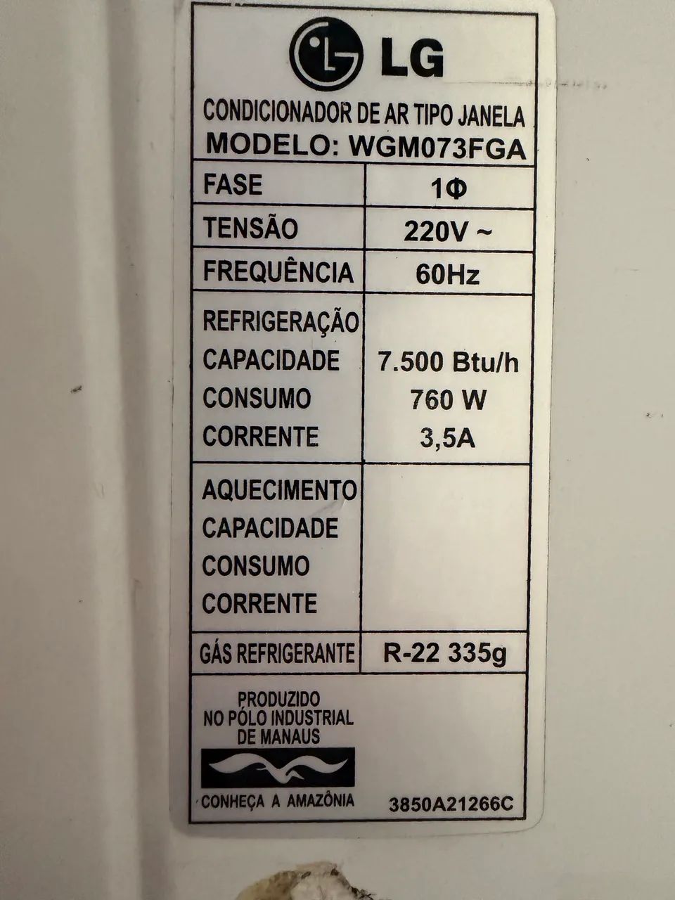 Ar de janela LG 7500 Btus