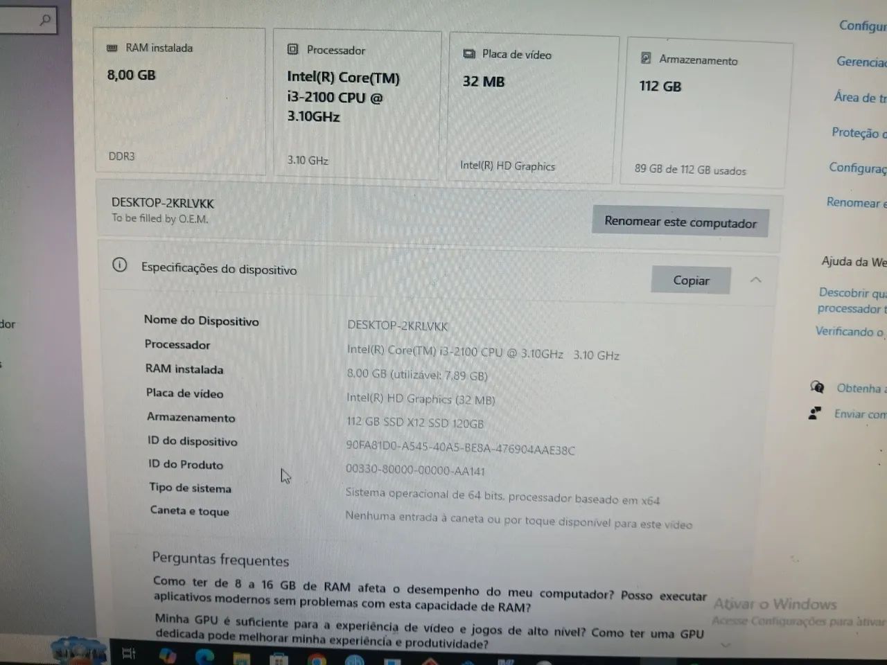 Computador completo i3 8gb RAM placa Intel graphics 32mb