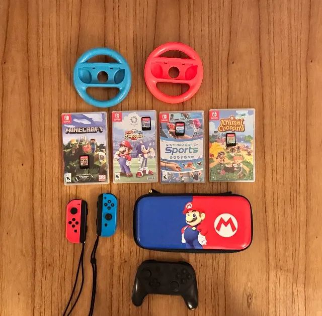 Kit Nintendo Switch - 4 Jogos + Pro Controller + Case Mario Original