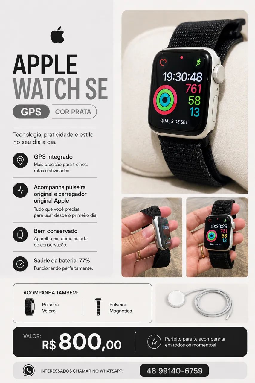 Apple Watch SE GPS Prata + 3 Pulseiras + Carregador Original - Foto 4