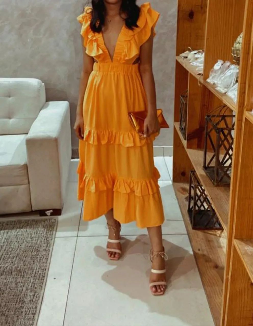 Vestido Midi Laranja com Babados - Foto 4
