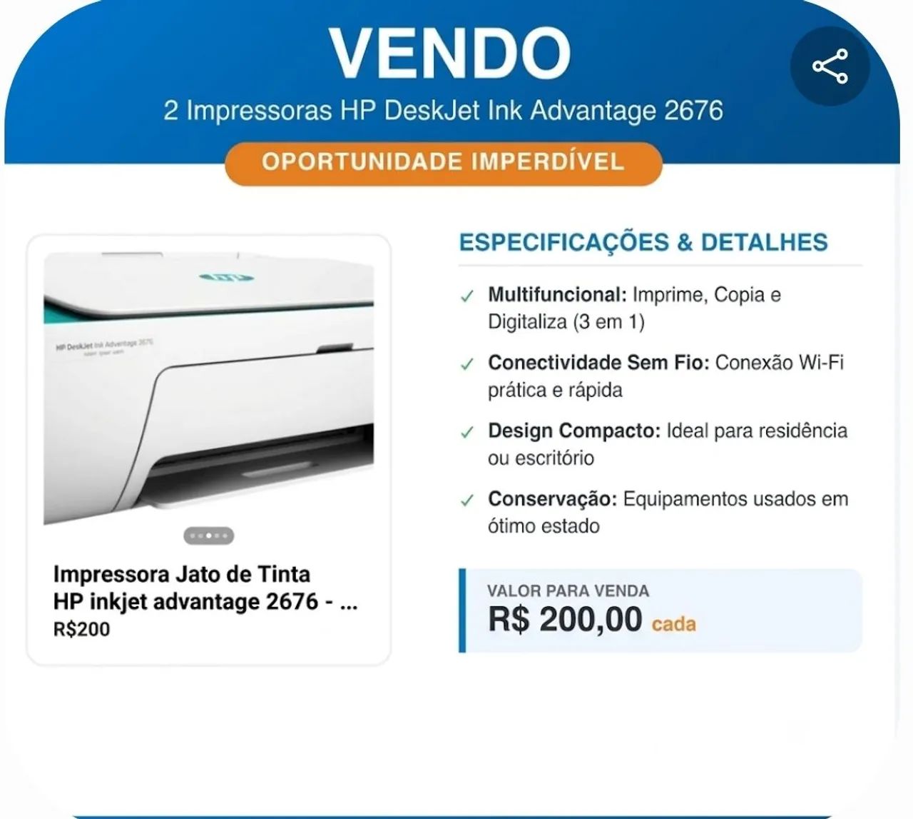 Impressora Jato de Tinta inkjet advantage 2676