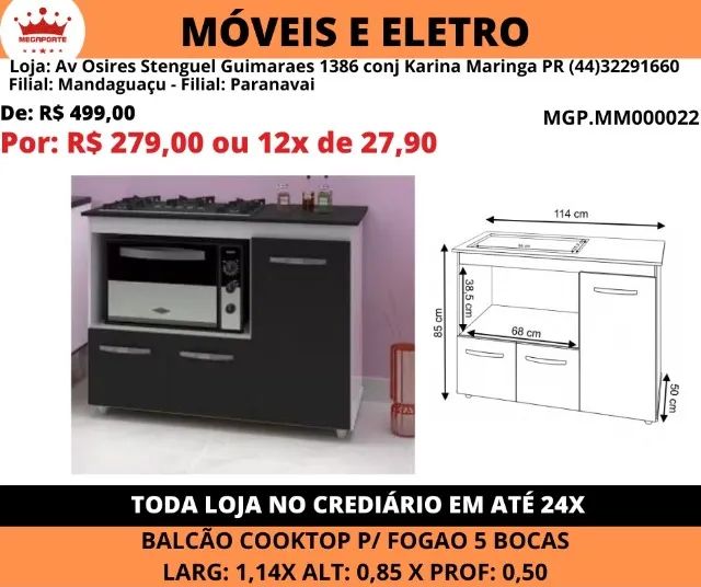 Balcão de Cozinha Para Fogão Cooktop 4 bocas e Forno 3 portas