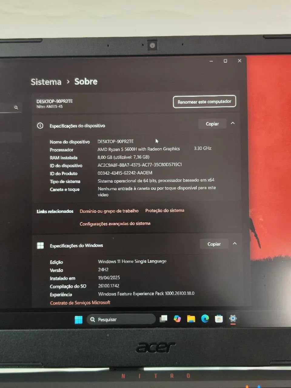 Notebook Gamer Acer Nitro 5 - RYZEN 5 5600H com NVIDIA GTX 1650  - Foto 4