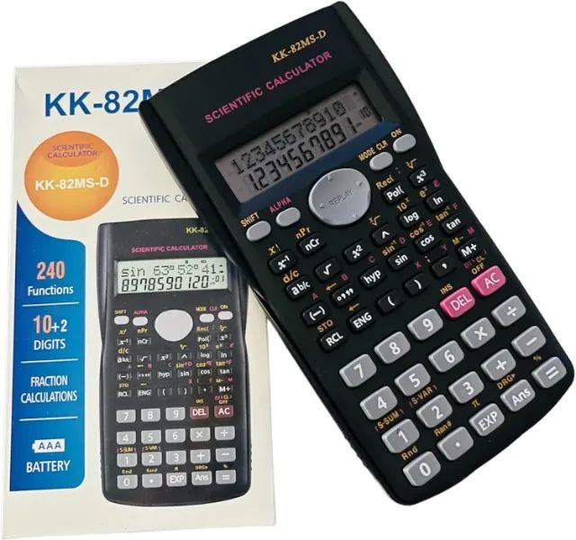 Scientific Calculator 240 Functions KK-82ms with Cover, 2-Line Display, 10+2 Digits, Black