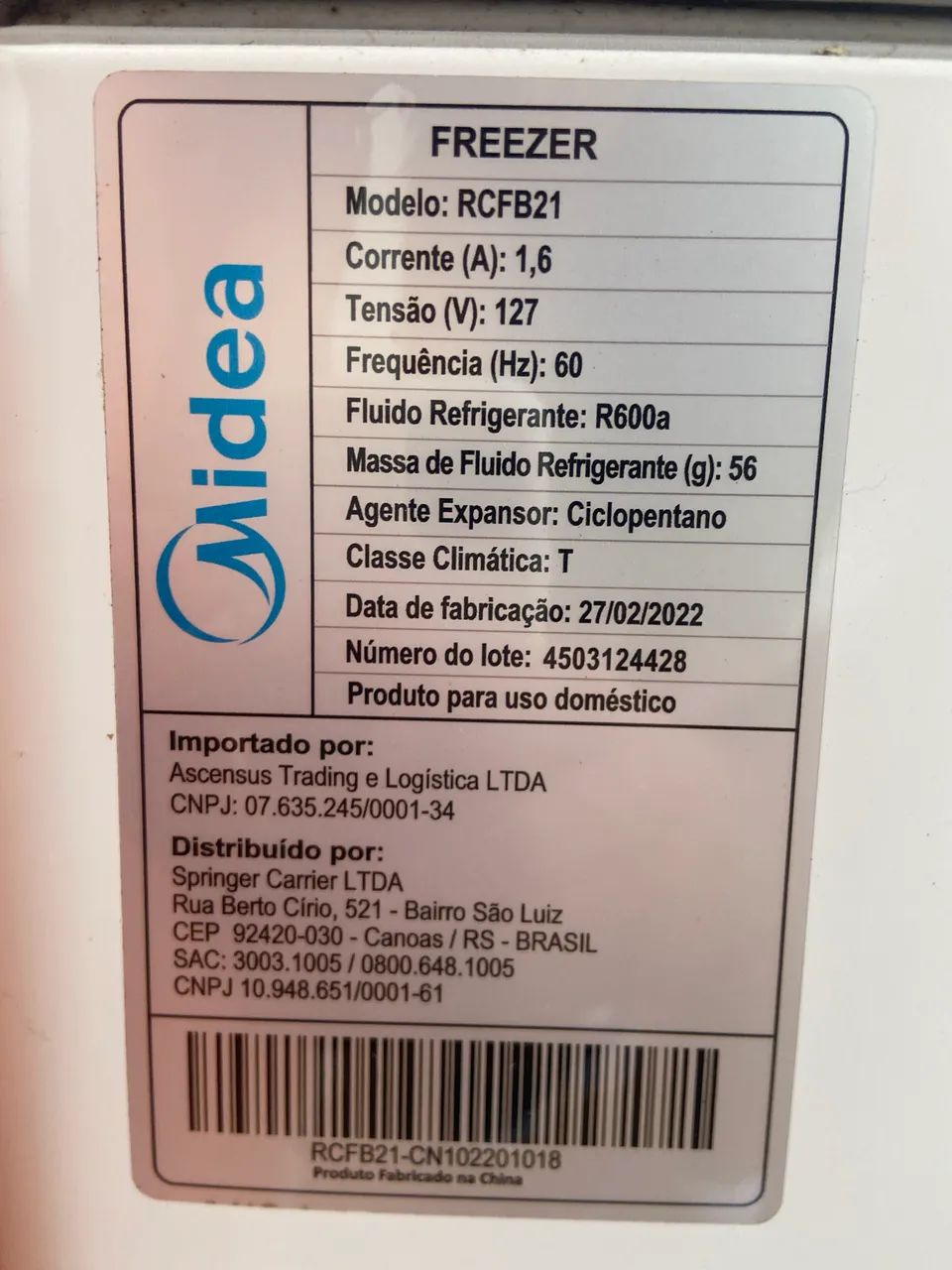 Freezer horizontal Midea c/ defeito