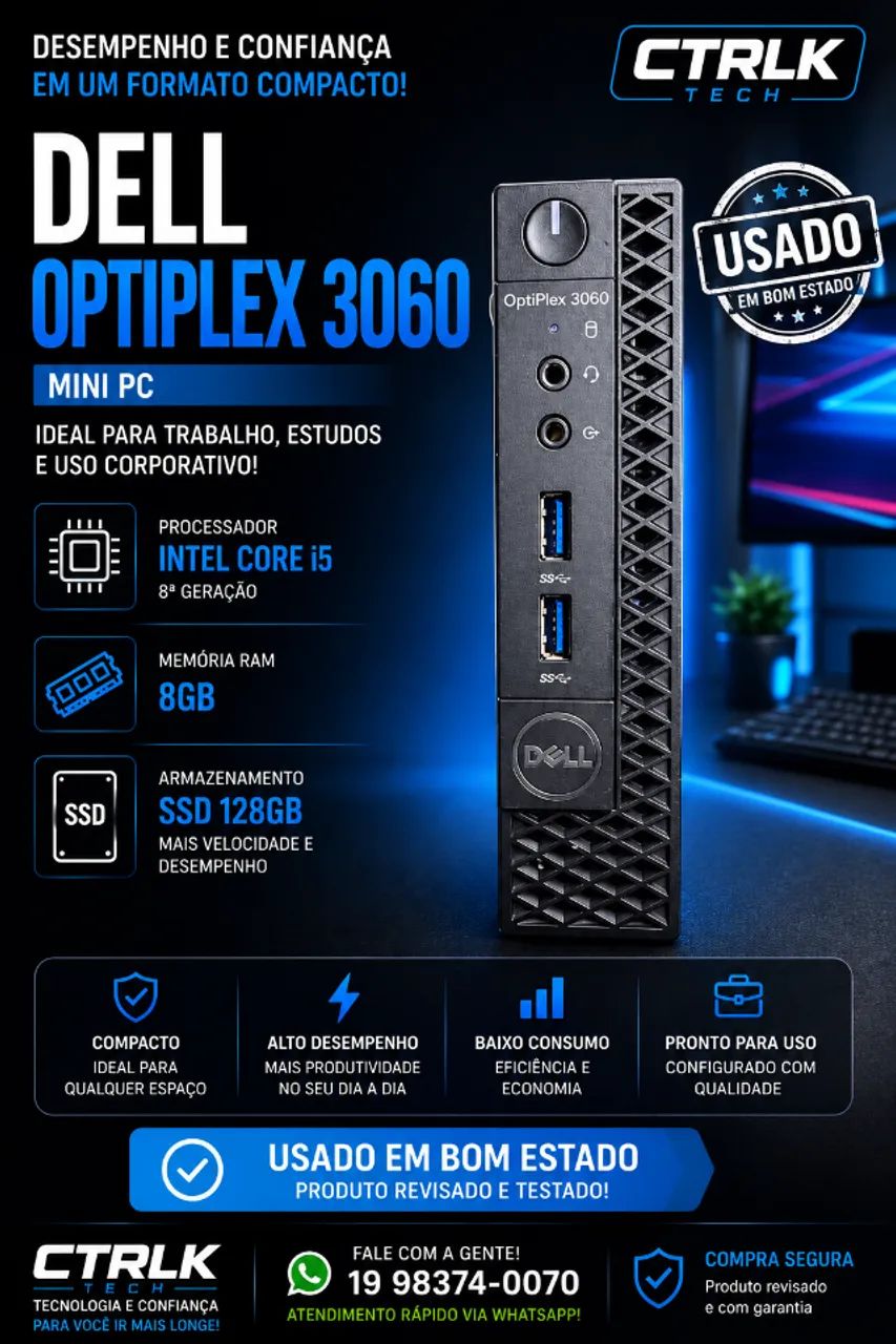 Mini PC Dell Optiplex 3060 i5 8º Geração - 128GB SSD - 8GB RAM