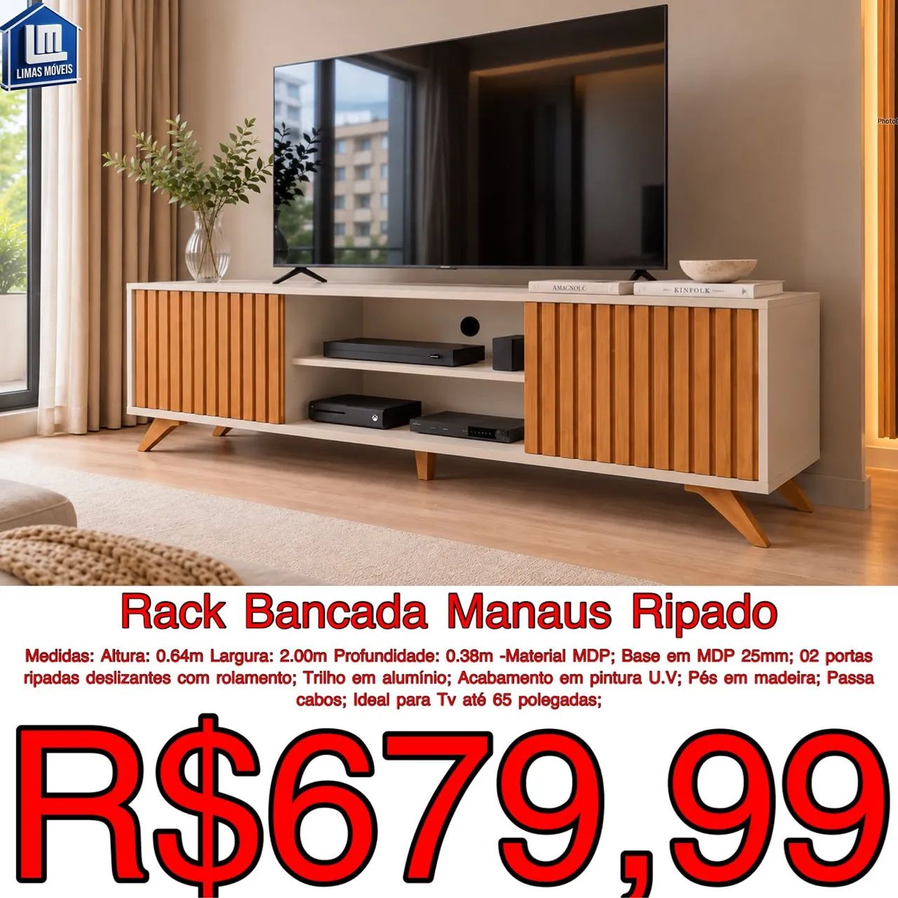 Rack Bancada Manaus 2m suporta tv até 65 polegadas / frete grátis / pague na entrega 