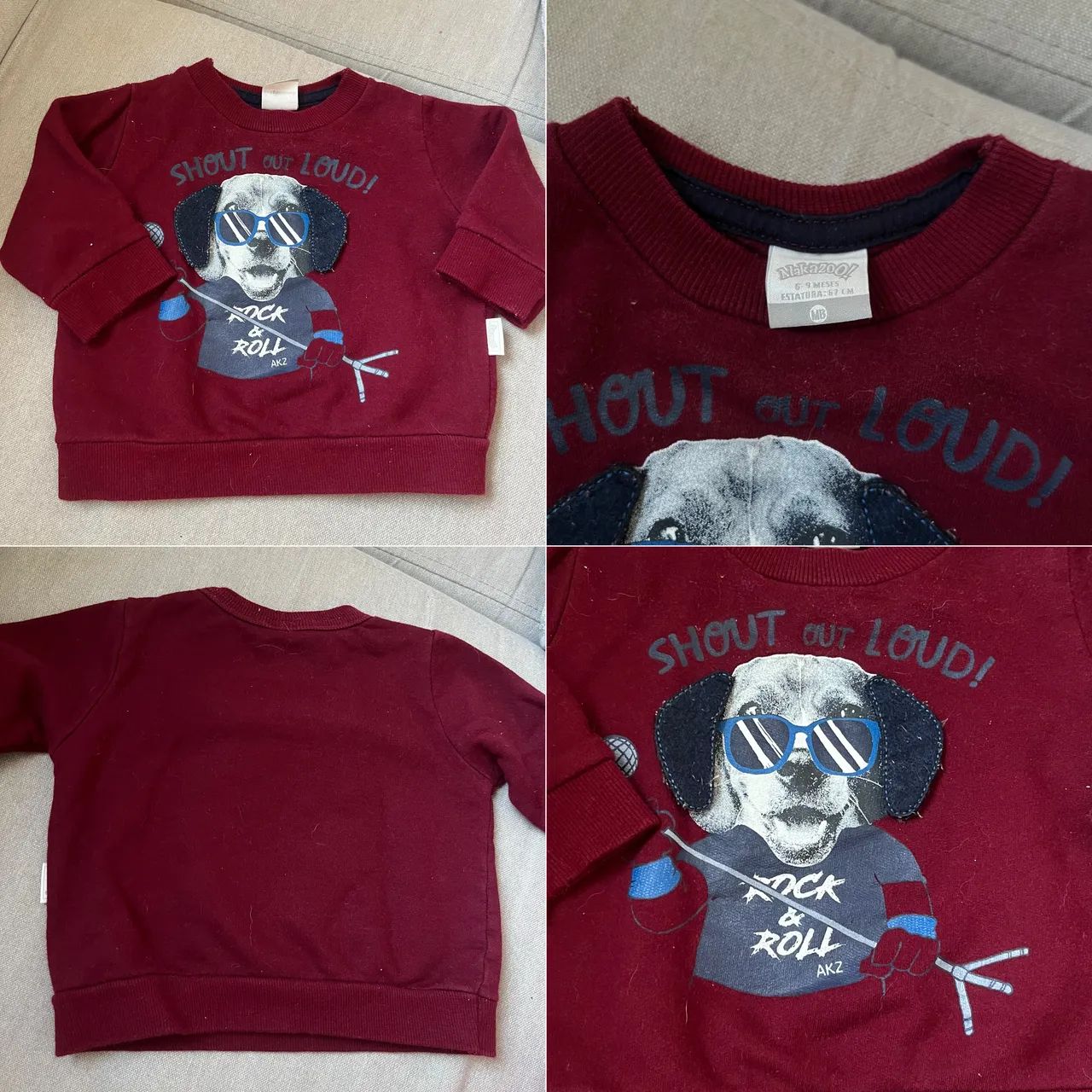 Blusa de Moletom Infantil Nakazoo Cachorrinho Rock - Tam. M (6 a 9 meses)