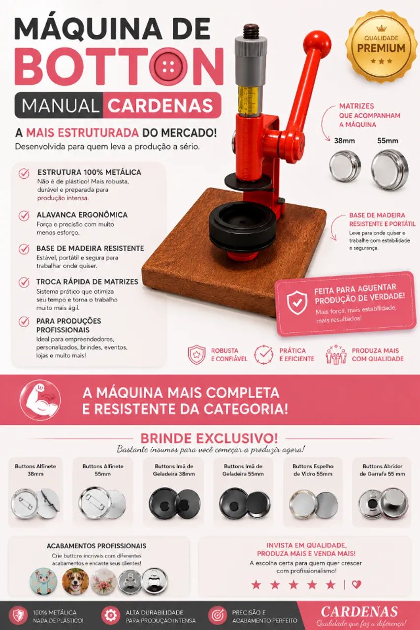 Maquina Para Bottons e Chaveiros 38mm e 55mm Cardenas/kit Button - Foto 2