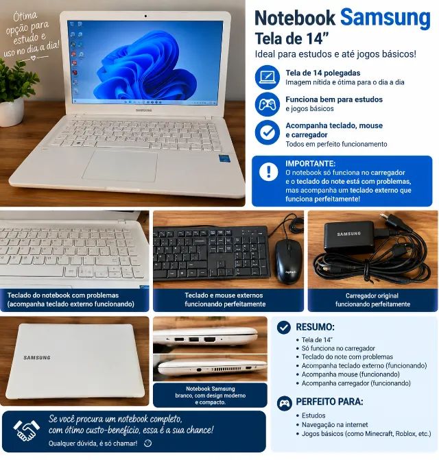 NOTEBOOK SAMSUNG BRANCO 14p + KIT COMPLETO