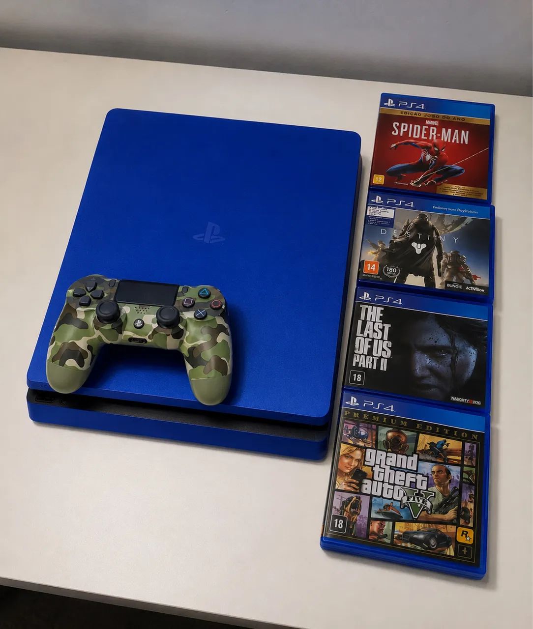 PS4 Slim Azul Conservado + Controle + Jogos - Jogos de Vídeo Game