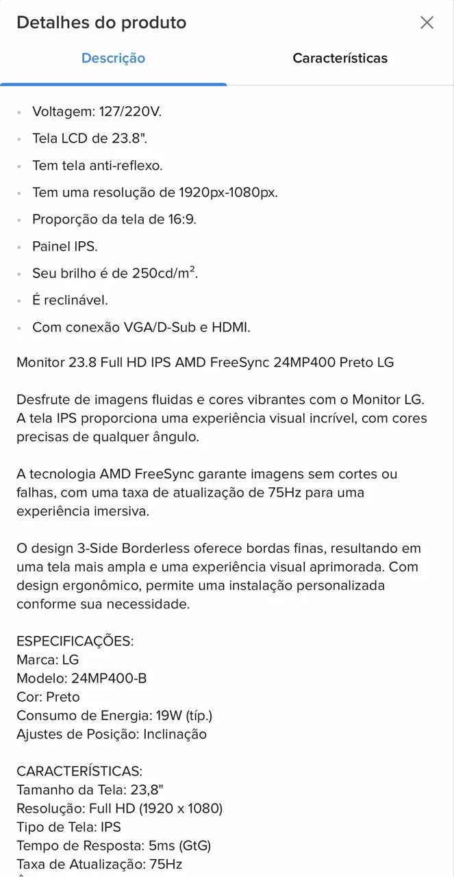 Monitor 23.8 Full Hd Ips Amd Freesync 24mp400 Preto LG - Foto 5