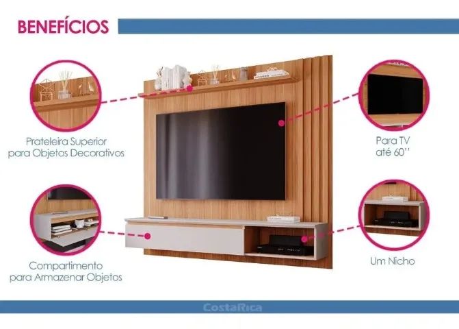 Painel P/tv Até 60 Polegadas Panama Plus Ripado C/ Prateleira - Foto 3