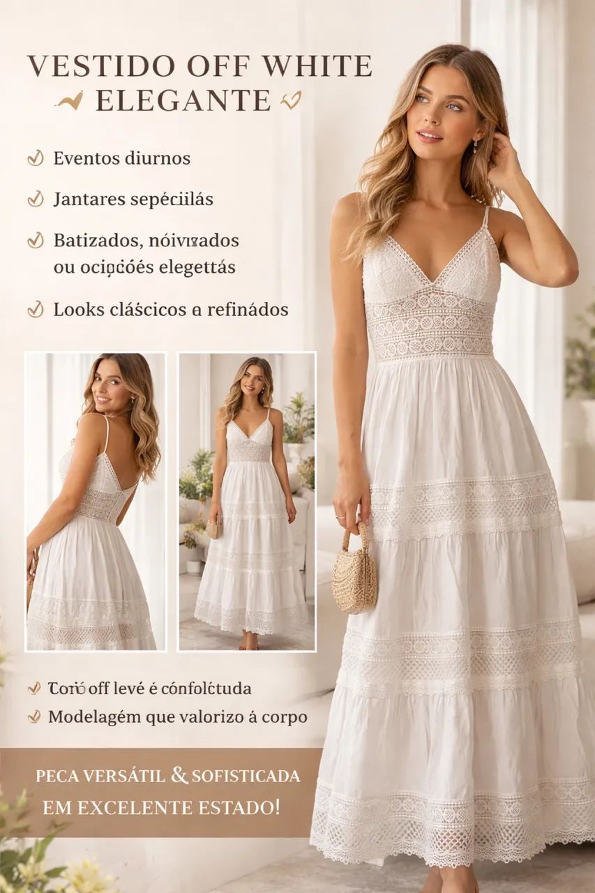 Vestido longo Branco em tecido leve e renda 