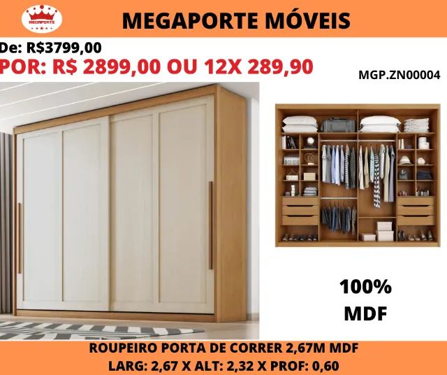 Guarda Roupa Casal MDF Portas de Correr