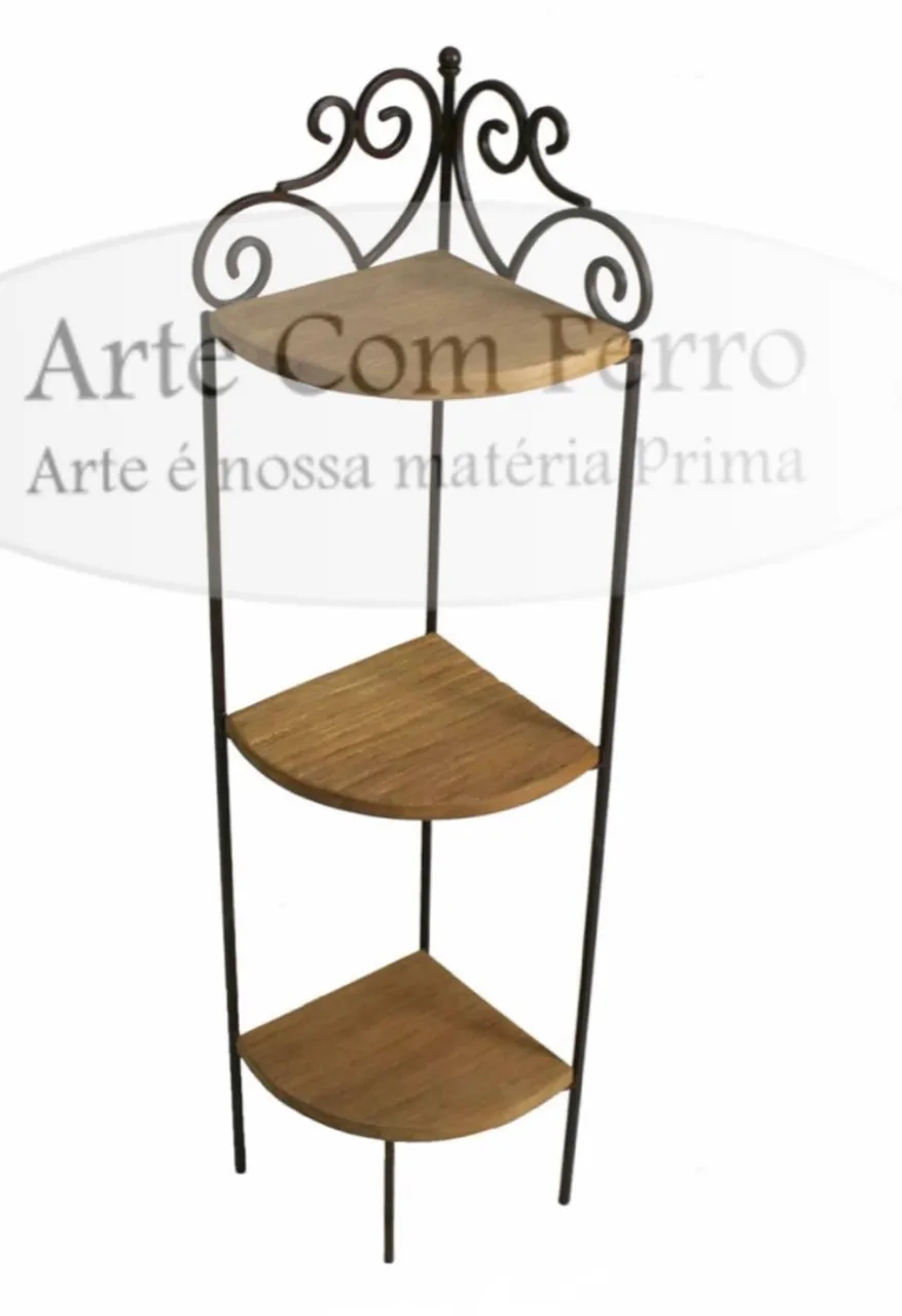 Estante de canto decorativa em madeira e metal