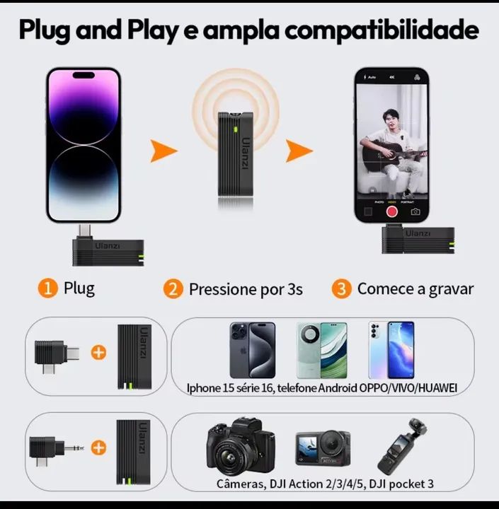 Microfone Ulanzi A100 Wireless - Captação de Áudio Profissional<br> - Foto 3