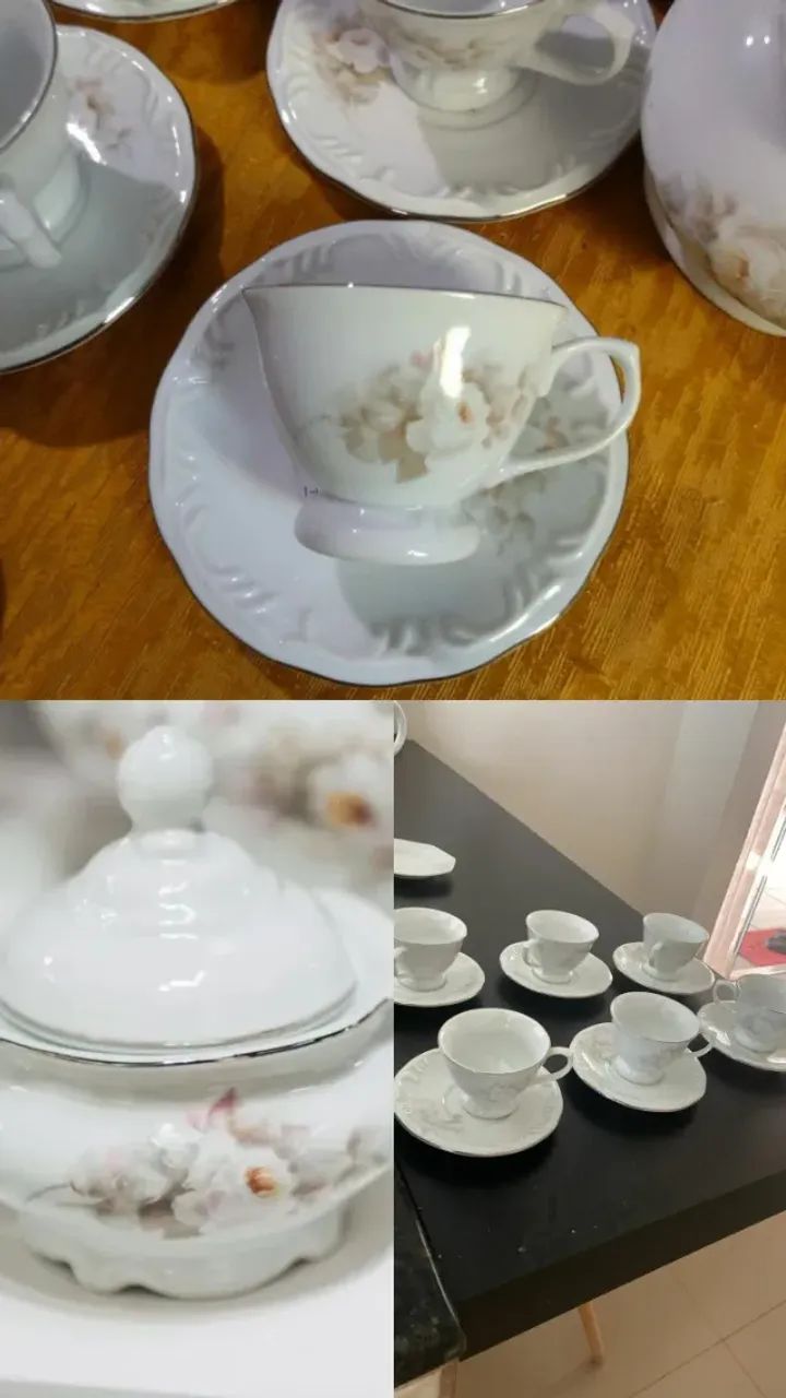 Porcelana Schmidt  com  filete de prata- Kit de xicaras e pires de café  com açucareiro - Foto 2