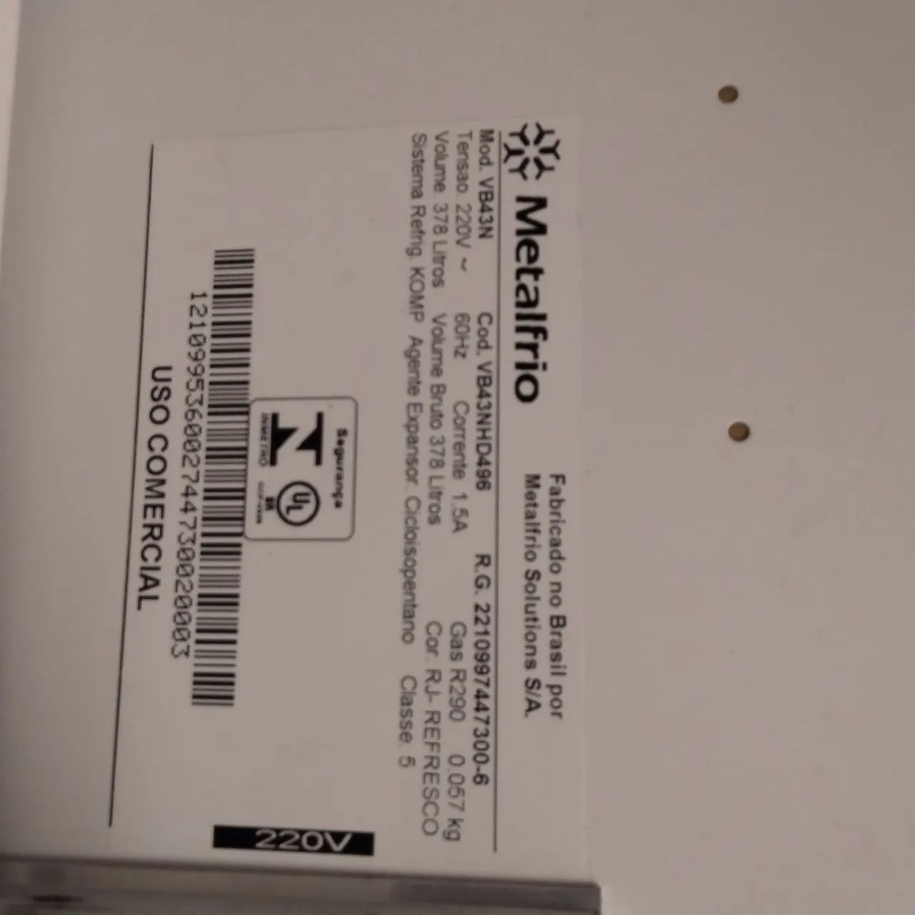 Expositor Vertical Metalfrio,.. Modelo VB43N de 378 Litros