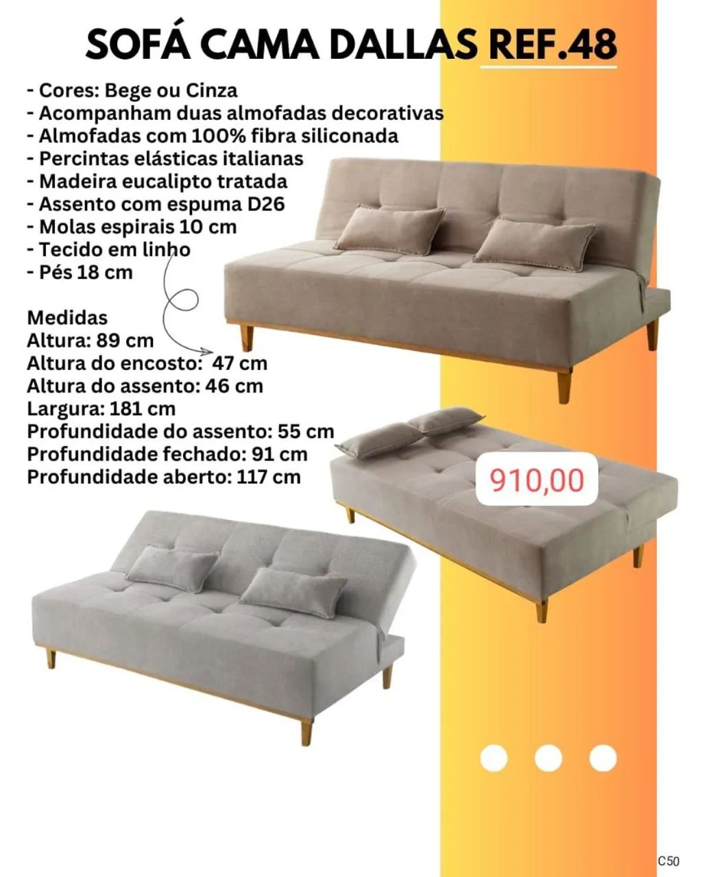 Sofá cama Dallas Linho cinza ou Bege / pague na entrega 