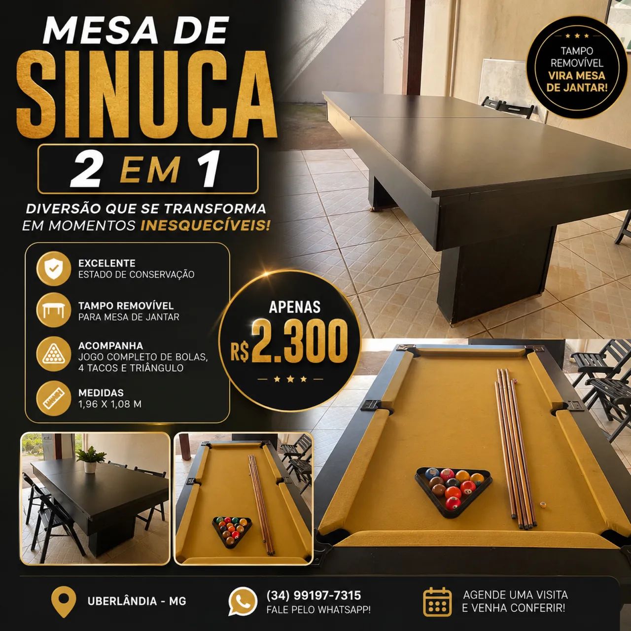 MESA DE SINUCA 2 EM 1 - DIVERSÃO E SOFISTICAÇÃO EM UM SÓ PRODUTO!