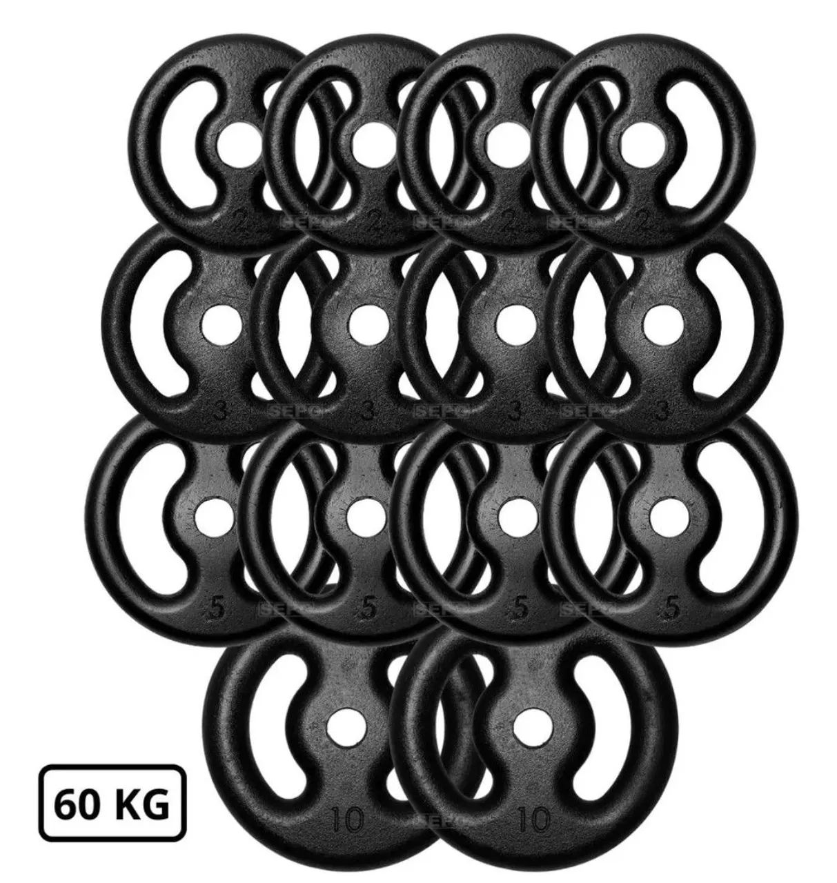 Kit Anilhas Ferro 60kg + 2 Barras 40cm + Barra 150 + Barra W