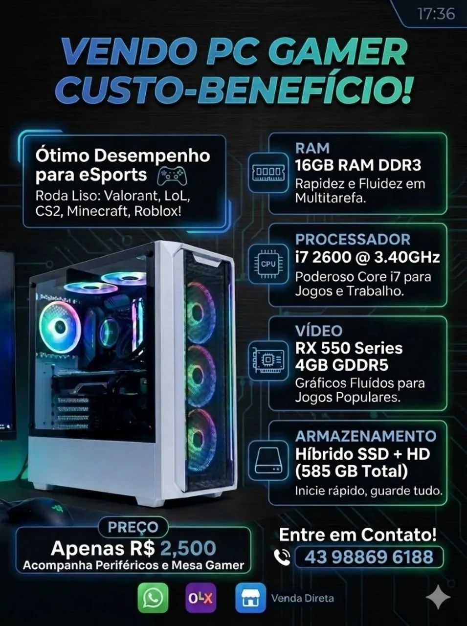Pc gamer completo em perfeito estado!!
