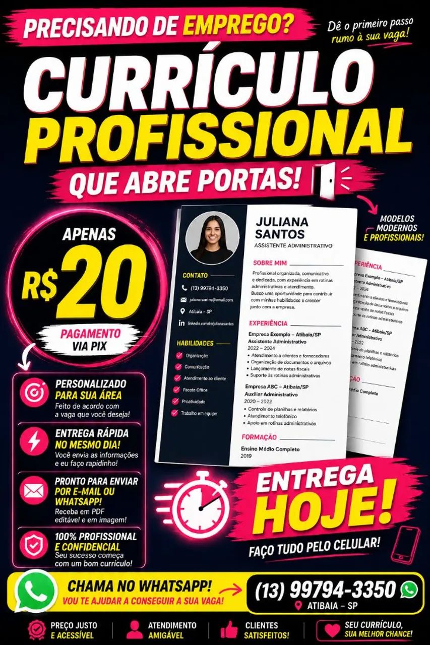 CURRÍCULO PROFISSIONAL R$ 20 (entrego no mesmo dia )