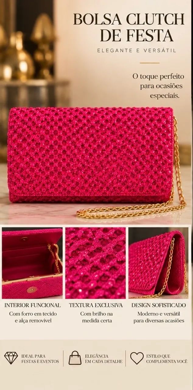 Bolsa para festa estilo clutche Pink com alça  - Foto 3