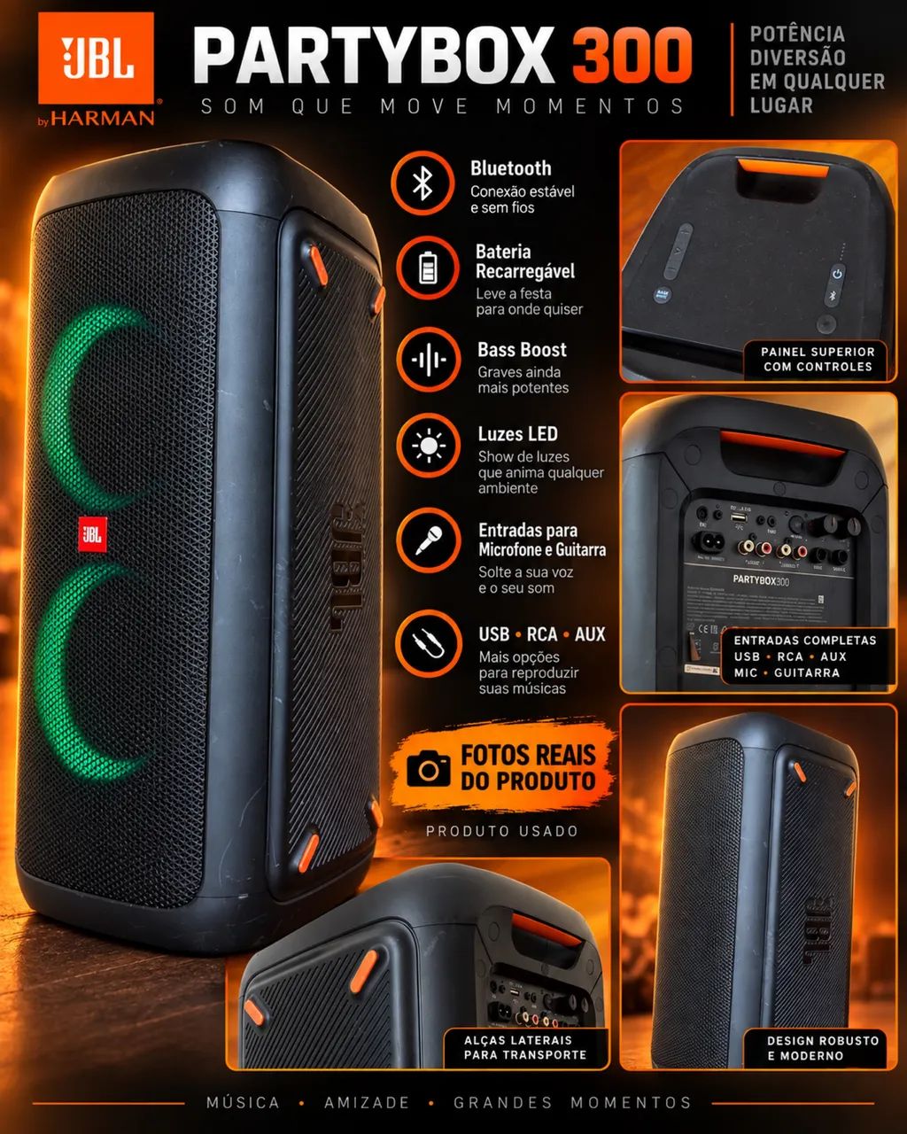 JBL PartyBox 300 Bluetooth com Bateria e Luzes LED Original - Foto 4
