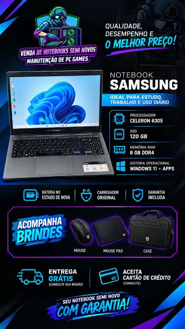 NOTEBOOK SAMSUNG SEMI NOVO E COM GARANTIA