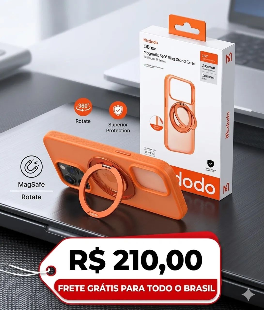 Capinha Mcdodo OBase iPhone 17 Pro Laranja - MagSafe e Anel 360° (Nova)