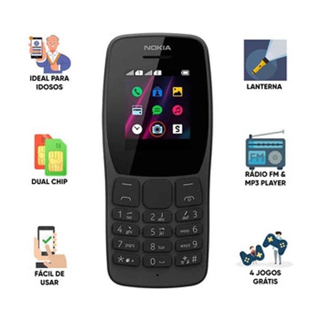 Celular Nokia 110 Preto com Rádio FM e Leitor Integrado, Câmera
