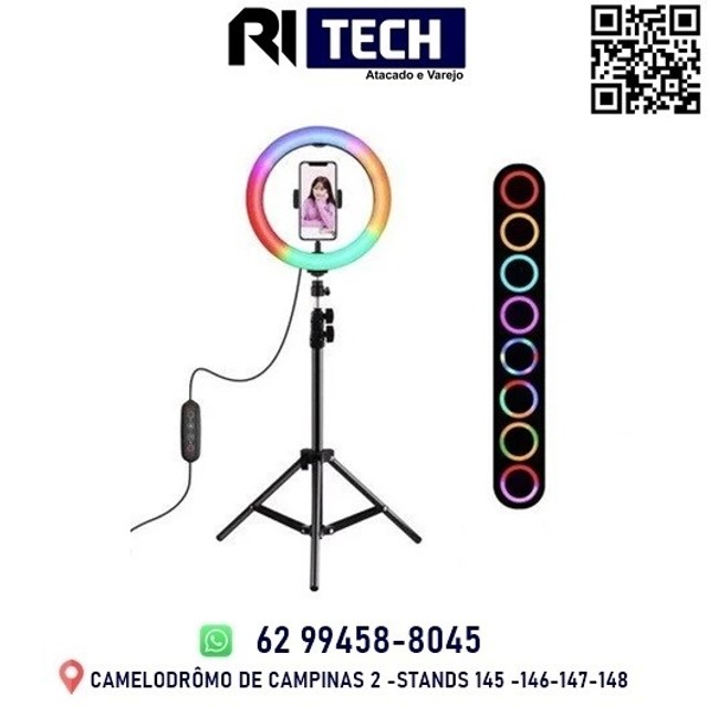 Ring Light Luz de Led RGB Colorido 12 Polegadas 30cm c/ Tripé Suporte Celular