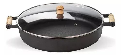 Frigideira grande 36 cm ferro fundido tampa de vidro paella  