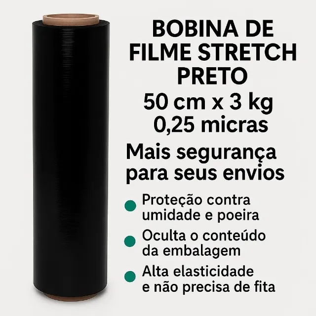 Bobina Filme Stretch Preto 50cm x 3kg | 0,25 Micras | Embalagem E-commerce