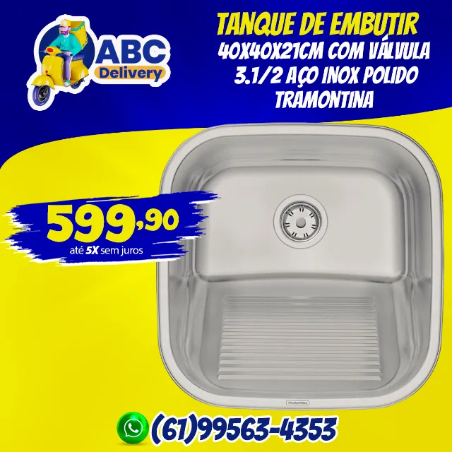 Tanque de Embutir 40x40x21Cm Com Válvula 3.1/2 Aço Inox Polido Tramontina
