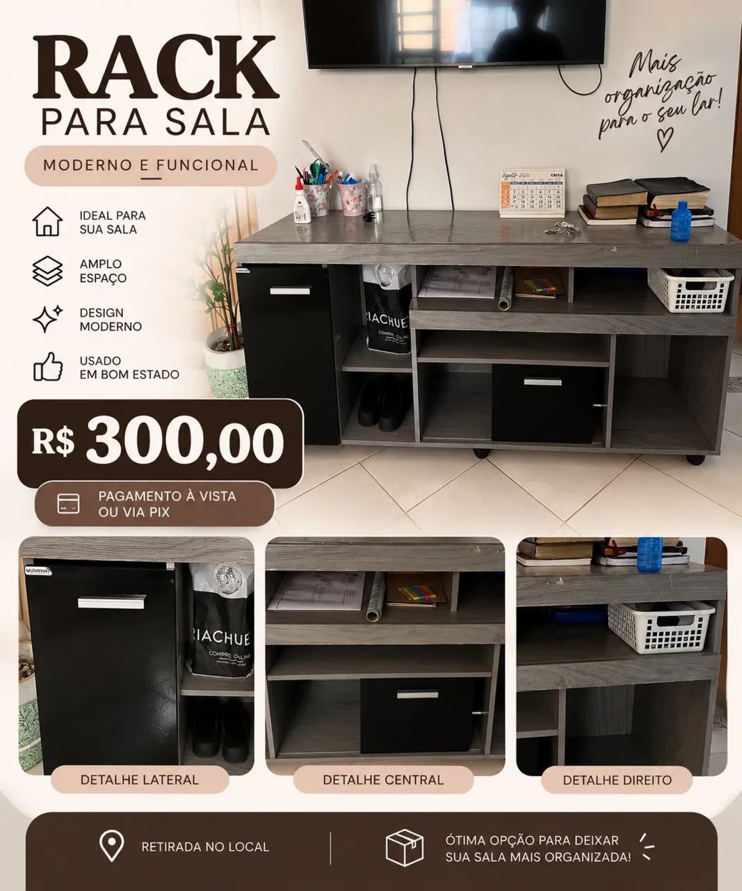 Rack para Sala | Espaçoso, moderno e funcional - R$ 300,00
