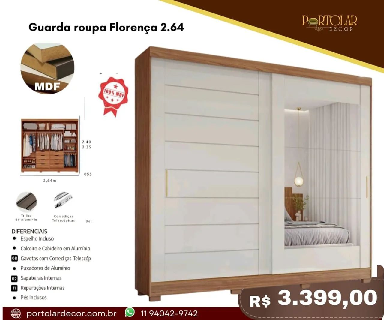 Guarda Roupa Florença 2.64 - à pronta entrega 