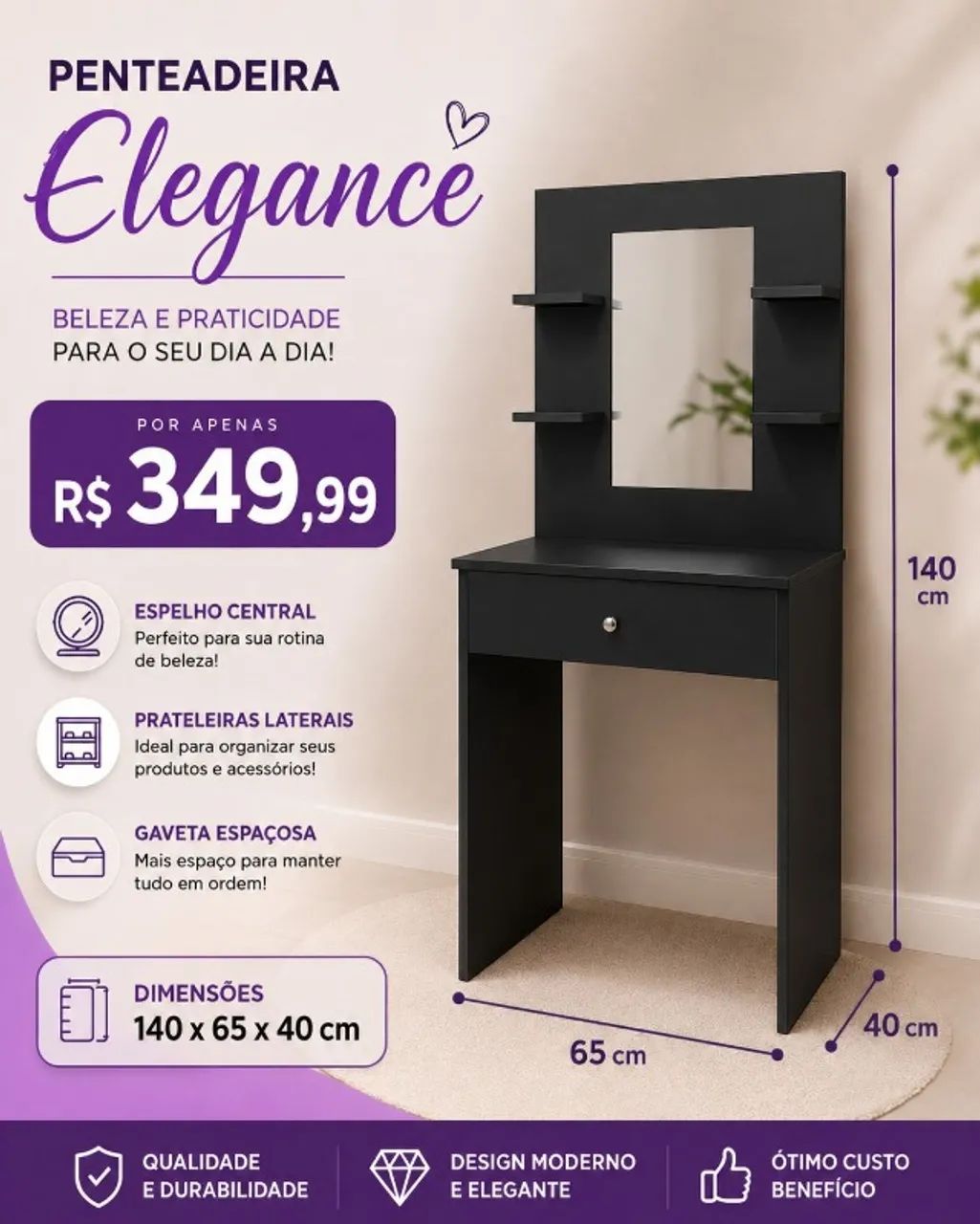 MESA PENTEADEIRA  COM ESPELHO MDF NOVO  - Foto 3